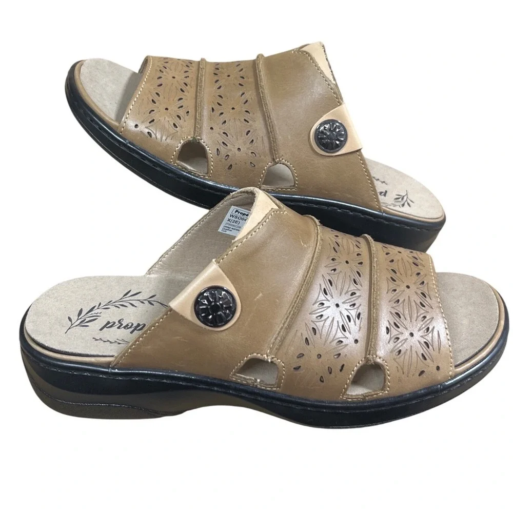 Propet WSO041L Tan Leather Laser Cut Floral Sandals Womens 8.5 X‎ Wide 2E NWOB